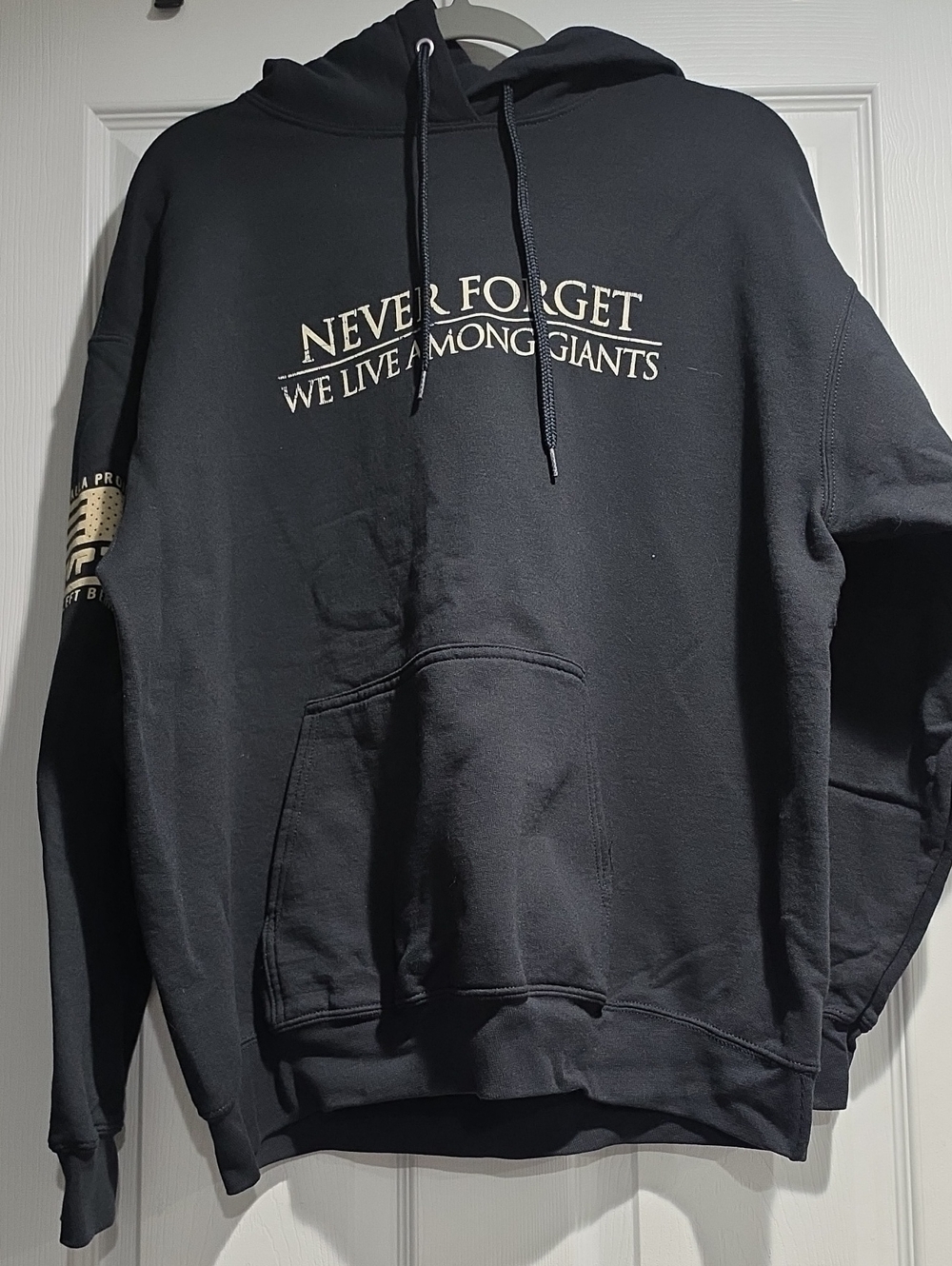 TVP Black Graphic Pullover Hoodie with 'Never Forget We Live Among Giants'